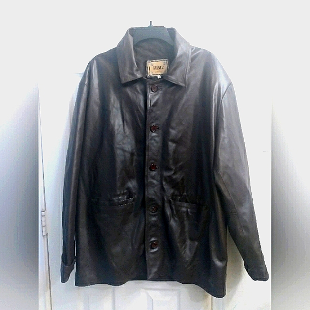 Leather Jacket Button Front Dark Brown Collared‎ Coat